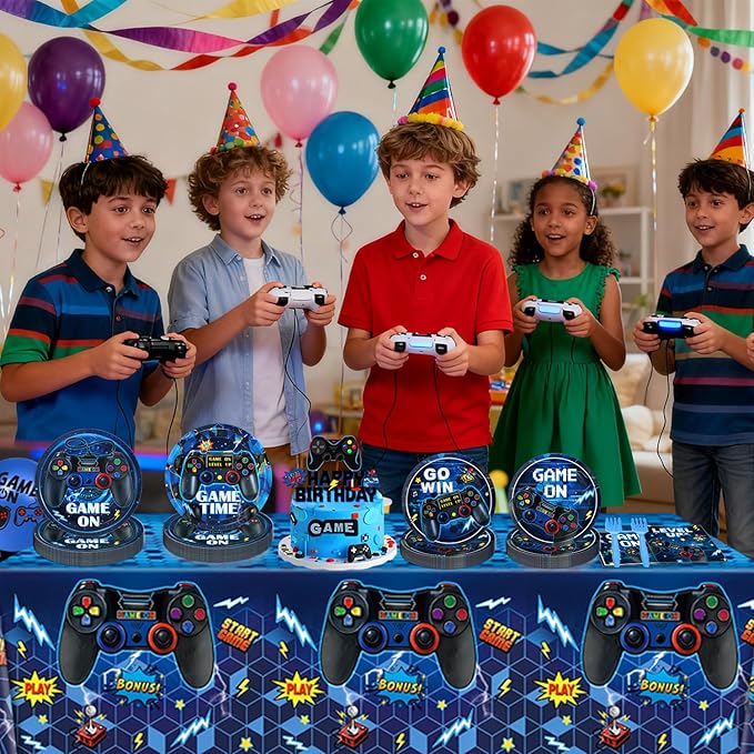Video Game Birthday Decorations, Level Up Party Supplies Includes Plates, Napkins, Forks, Banner, Tablecloth for Boys Gamer Birthday Party Decorations, Serves 24