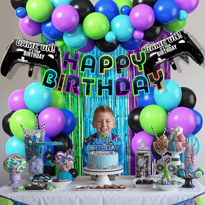 Video Game Birthday Decorations for Boys, Purple Blue Green Black Latex Balloons Gaming Controller Foil Balloons Happy Birthday Banner Fringe Curtain Cake Topper for Kids Boy Game Night Party Decor