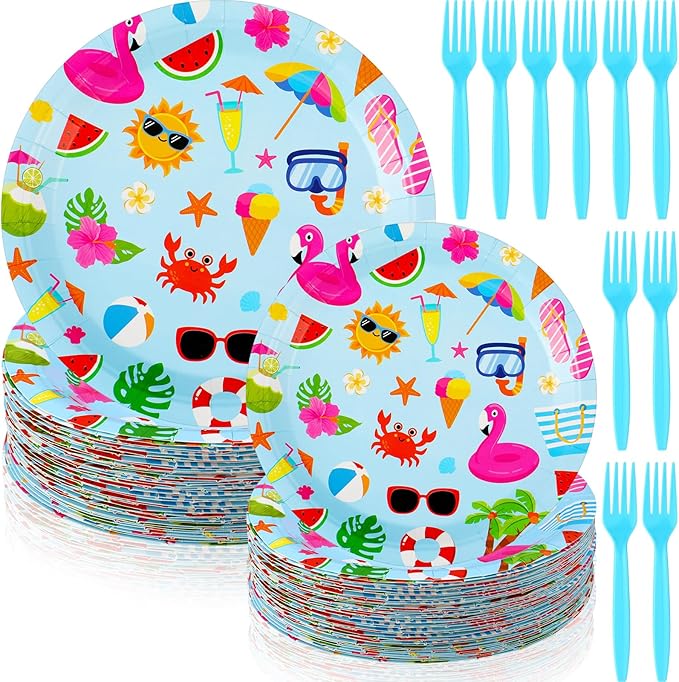 180 Pcs Summer Pool Party Paper Plates and Forks Pool Party Supplies 9'' Disposable Plates 7'' Paper Snack Plates Plastic Forks for Kids Birthday Hawaiian Beach Party Decorations, Serves 60