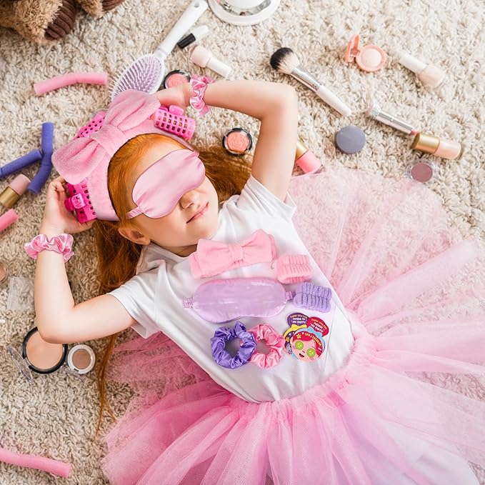 72 Pcs Girls Spa Sleepover Party Supplies With DIY Sticker And Greeting Card Pink Purple Headband Wristbands Eye Mask Hair Scrunchie Tote Bag Sleeping Slumber Party Favor