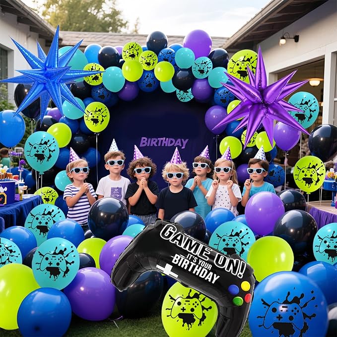 120 Pcs Video Game Balloon Garland Arch Kit, Black Blue Purple Light Green Balloons For Cartoon Gaming Night Themed Birthday Decorations Boys Kids Gatherings Party Supplies