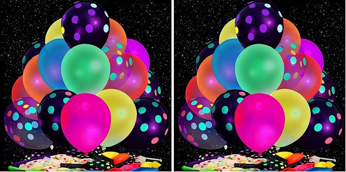 LovesTown 66PCS Glow Party Assortment, UV Neon 12" Fluorescent Latex Decorations with Dots for Birthday, Wedding & Party Supplies (Pack of 2)