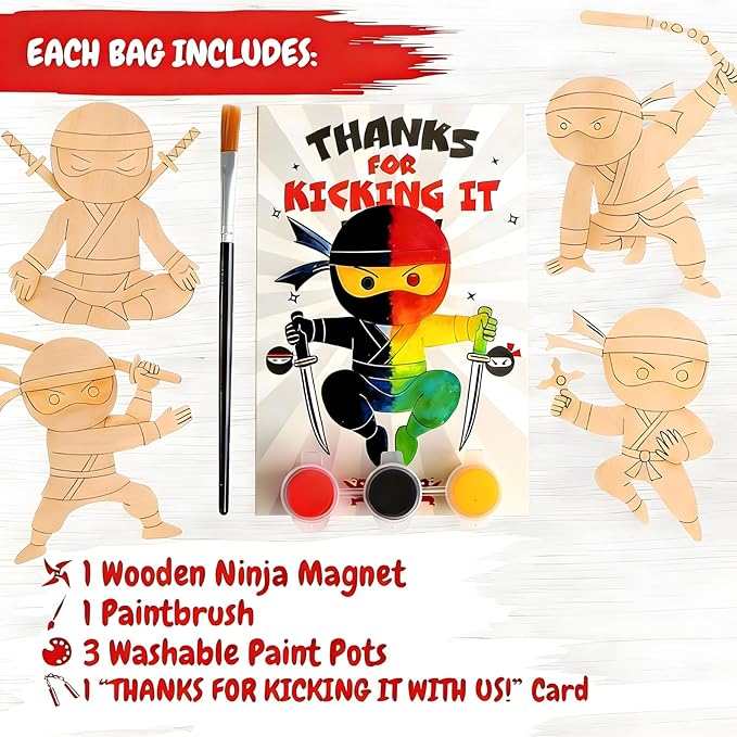 12 Pack Ninja Party Favors for Kids - Individually Wrapped Paint Your Own Wooden Magnet Craft Kits with Thank You Card, Stealthy Birthday Decorations for Boys & Girls