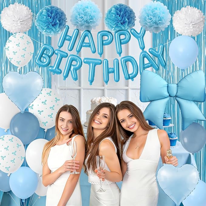 Blue Birthday Decorations, White Sand Happy Birthday Balloon Banner with Bow and Heart Foil Balloons Fringe Curtain Tissue Paper Pompoms Garland Party Supplies for Boys Men Girls Women