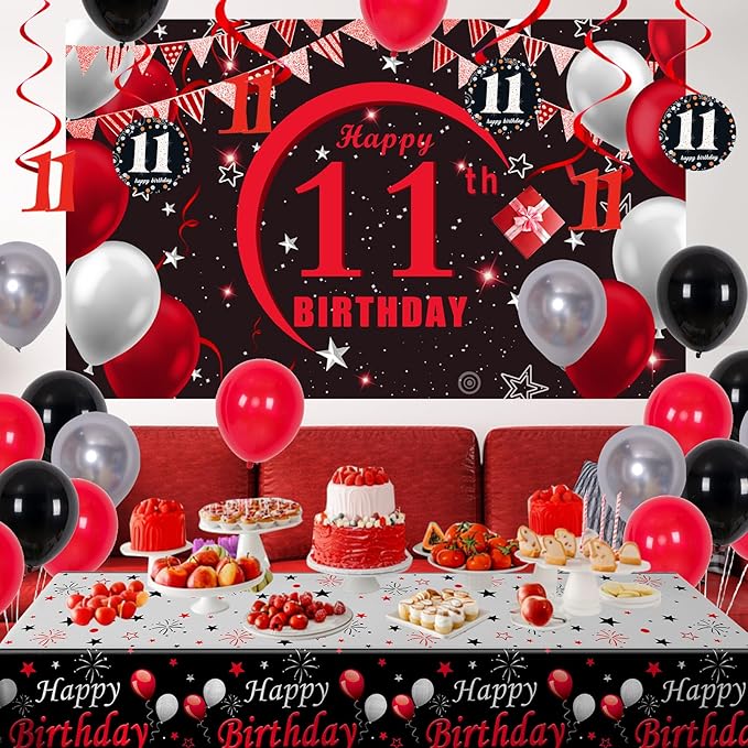 11th Birthday Decorations for Boys Girls Red and Black, Happy 11th Birthday Backdrop Banner, 11 Birthday Party Decoration Tablecloth Balloons Triangle Flag, 11 Year Old Boy Bday Party Supplies