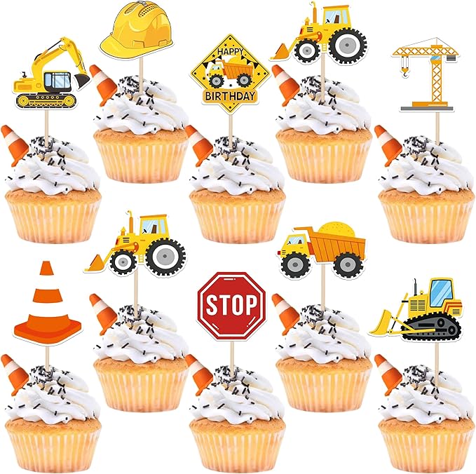 36 Pack Construction Cupcake Toppers Stop Sign Dump Truck Excavator Tractor Party Cake Picks Decorations for Construction Theme Baby Shower Birthday Party Cake Decorations Supplies
