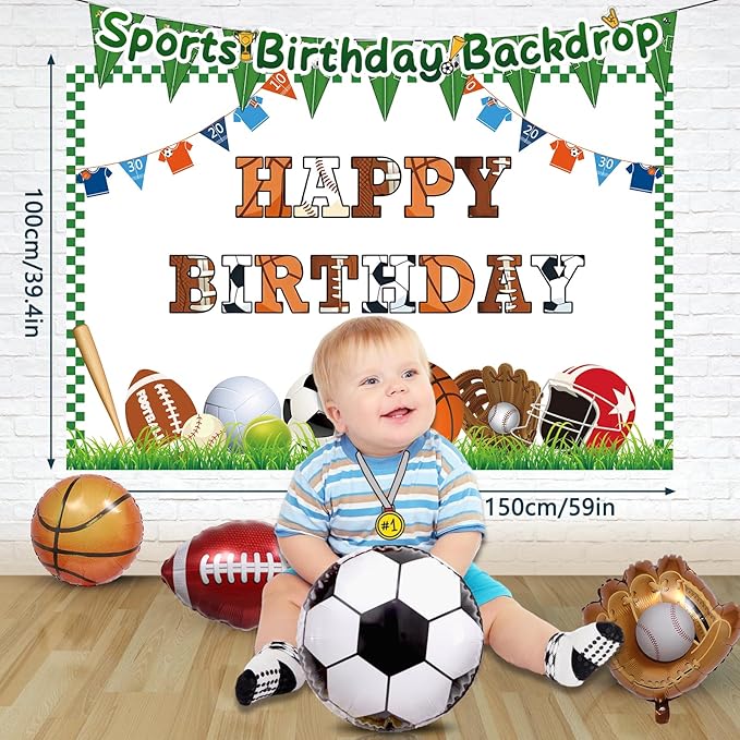 Winrayk 130Pcs Sports Birthday Party Decorations Supplies Sports Balloon Arch Backdrop Tablecloth Football Soccer Baseball Glove Basketball Volleyball Balloon Kid Sport Themed Birthday Party Supplies