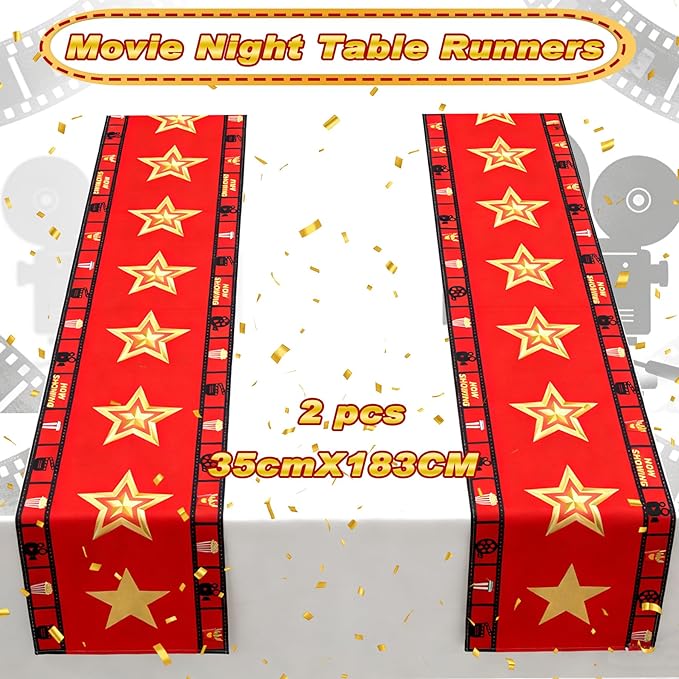 2 Pcs 13 x 72 Inch Movie Night Table Runner for Movie Night Decorations Supplies Birthday Party Decorations Movie Theme Party Decorations with Gold Star Design