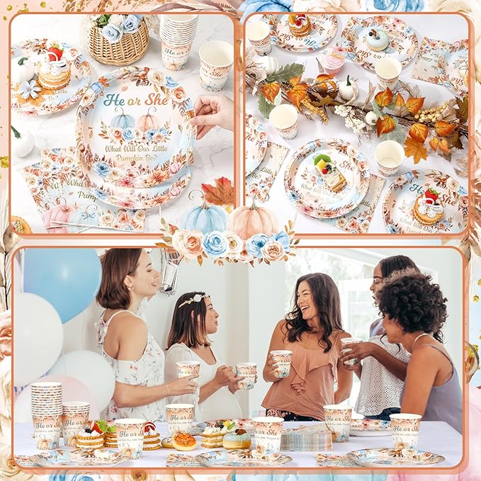 Hushee 200 Pcs Fall Pumpkin Gender Reveal Baby Shower Paper Plates Napkins Cups Baby Shower Party Supplies Tableware Set Disposable Cup Napkin for 50 Guest Party Decoration
