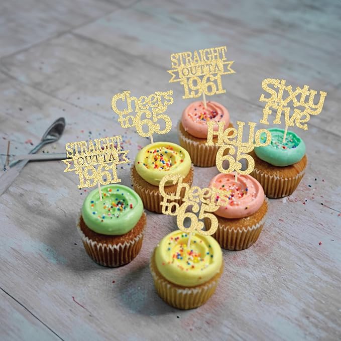 Ephlyn 24Pcs 65th Birthday Cupcake Toppers Glitter Straight Outta 1961 Cupcake Picks Hello 65 Cheers to 65 Years Cake Decorations for 65th Birthday Anniversary Party Decorations Supplies Gold