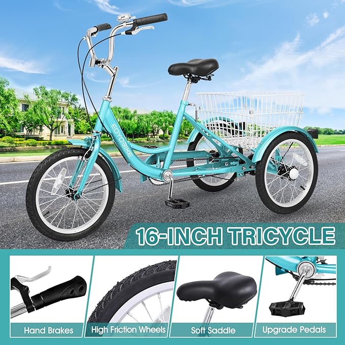 MOPHOTO 16 Inch Small Tricycle for Beginner Riders, Low Step-Through 3 Wheel Bike, Single Speed Trike with Hand Brakes, Adjustable Seat and Rear Basket, Fits Heights 3'9" to 4'9"