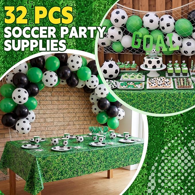 32 Pcs Soccer Party Supplies Plastic Table Cloth Football Balloons Soccer Net Disposable Sport Party Table Decoration for Football Lover Sport Theme Birthday Supplies