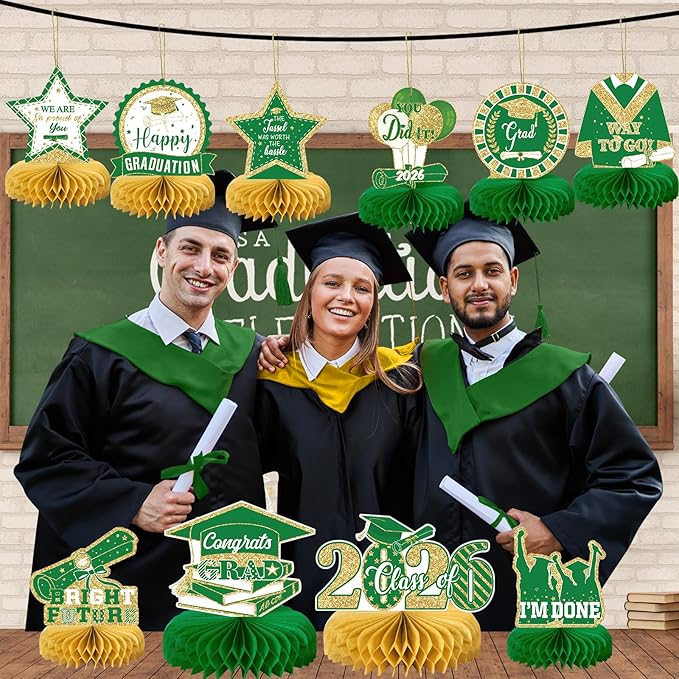 10PCS Graduation Party Decorations Class of 2026 Congrats Grad Table Centerpieces Congratulate Graduation Honeycomb Table Toppers for Graduation Party Supplies(Green Gold)