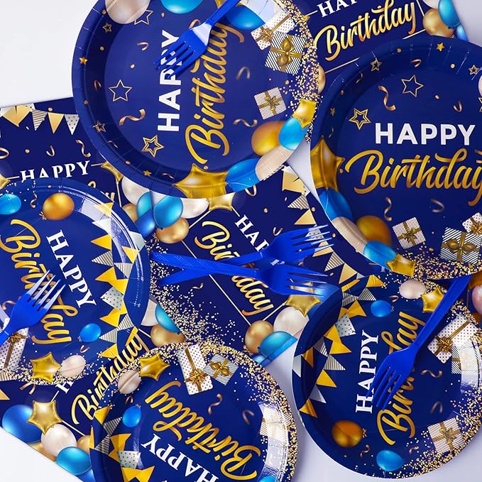 gisgfim 96 Pcs Blue and Gold Birthday Plates and Napkins Party Supplies Navy Blue Party Tableware Set Happy Birthday Decorations Favors for Men Women for 24 Guests