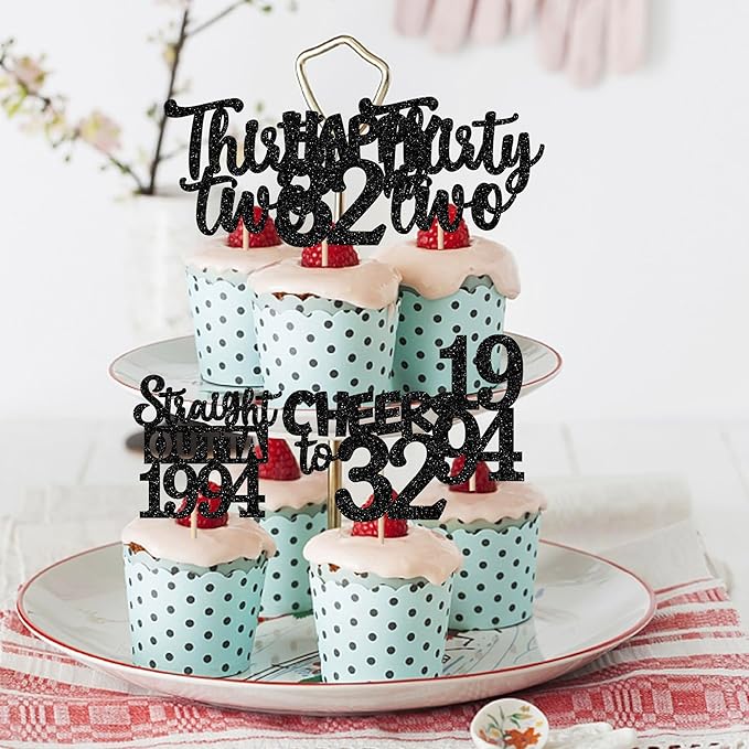 30PCS Black 32nd Birthday Cupcake Toppers Glitter Thirty Two Happy 32nd Straight Outta 1994 Cupcake Picks for Cheers to 32 Years Birthday Wedding Anniversary Party Cake Decorations Supplies
