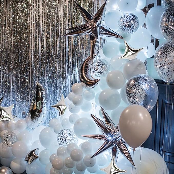 Silver Star Foil Balloons Kit with 6 Pack 12 Point Star Balloons Starburst Cone Balloons Spike Balloons and 10Pcs Four Pointed Star Balloos for Wedding Baby Shower Photo Booth Birthday Party Supplies