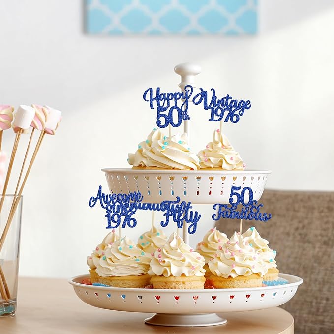 Ephlyn 30Pcs Happy 50th Birthday Cupcake Toppers Glitter Fifty Vintage 1976 Cupcake Picks Cheers to 50 Fabulous Cake Decorations for 50th Birthday Wedding Anniversary Party Supplies Dark Blue