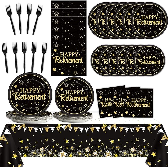 Wiooffen 24 Guests Happy Retirement Party Supplies, Black Gold Retirement Plates Napkins Tablecloth Forks Set for Man and Woman, Disposable Tableware Graduations Party Decorations Favors