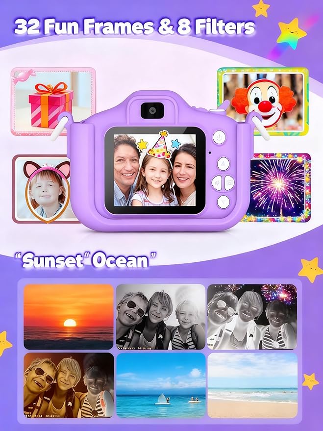 Kids Digital Camera Toy for Boys and Girls Aged 3-12, Unicorn 1080P Children's Camera, Christmas Birthday Gift, Toddler Digital Video Camera for Girls with 32GB SD Card/Reader (Purple)