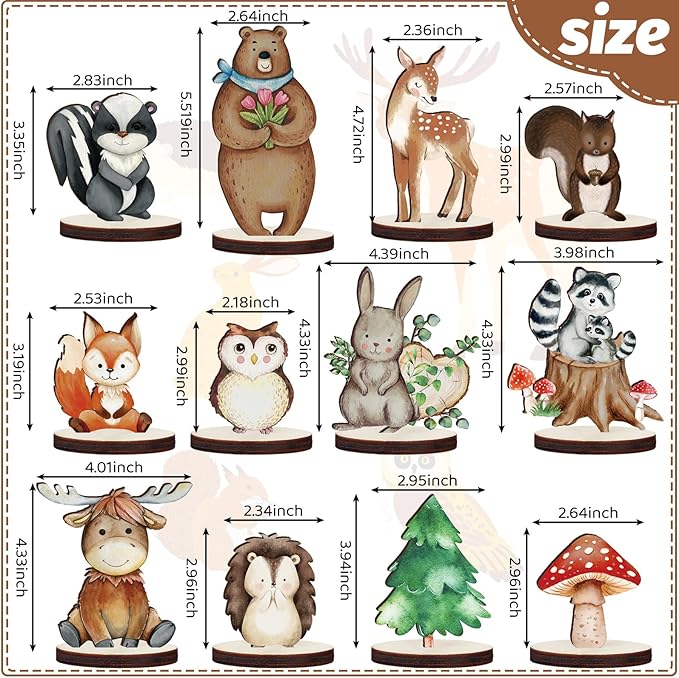 Geetery 12 Pcs Woodland Animals Wooden Animal Cutout Shapes Forest Painted Woodland Baby Shower Decorations Wild Creatures Wood Table Centerpieces for Forest Camp Party Supplies (Cute)