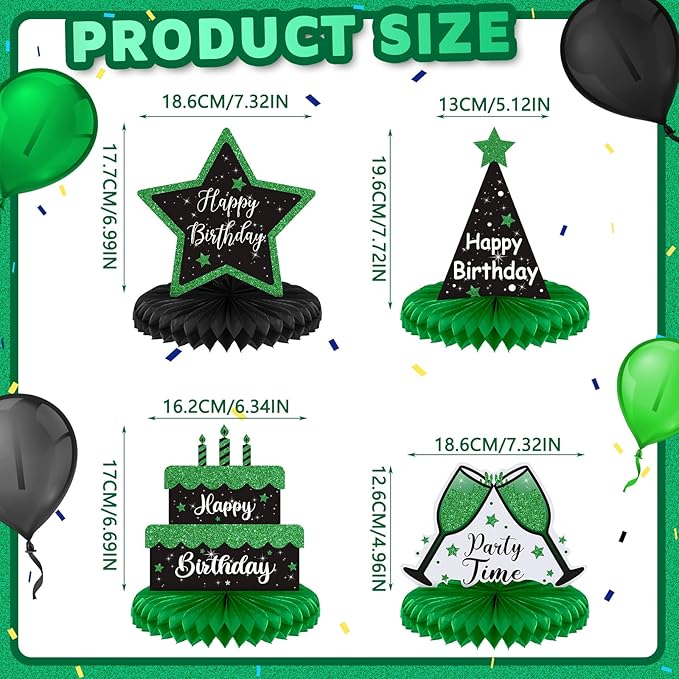 Yexiya 8 Pcs Black and Green Birthday Centerpiece Table Decoration, Happy Birthday Honeycomb Centerpieces Honeycomb Table Toppers for Men Women Party Supplies