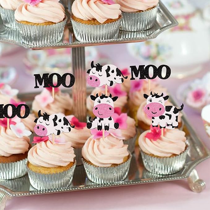 24 PCS Cow Cupcake Toppers Glitter Farm Animals Moo Cupcake Picks Cow Theme Baby Shower Kids Birthday Party Cake Decorations Supplies