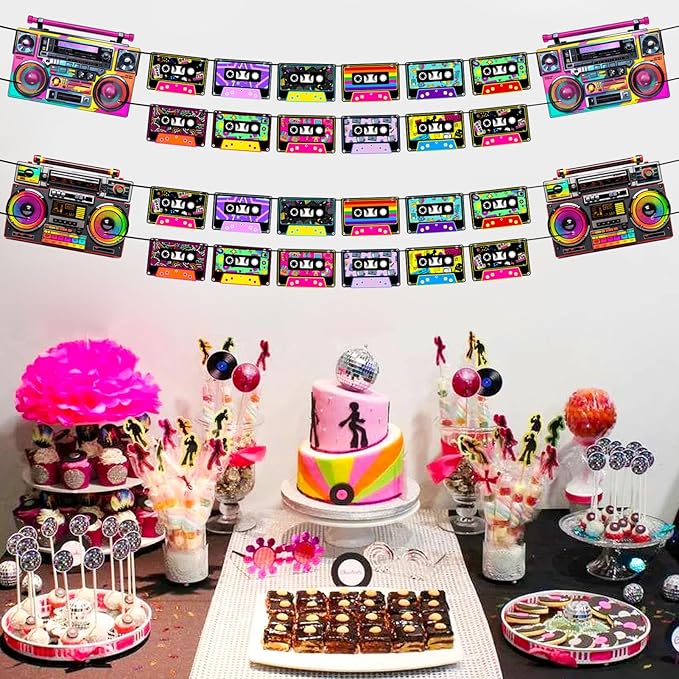 Pre-Strung 80s 90s Party Decorations, NO DIY Retro 80’s 90’s Theme Cassette Tape Banners, Boom Box Cassette Player Decor Hip Hop Music Birthday Party Supplies