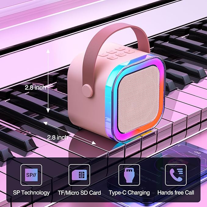 Mini Karaoke Machine for Kids Ages 2-12, Portable Wireless Karaoke Speaker with LED Party Lights & 2 Wireless Microphones, Perfect Birthday & Holiday Toys Gifts for Girls Boys（K12-Pink）