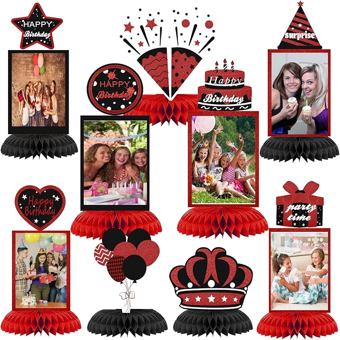9Pcs Black Red Birthday Decorations Honeycomb Centerpieces Red Theme Birthday Photo Table Centerpiece Party Supplies 16th 30th 40th 50th 60th Bday Table Topper