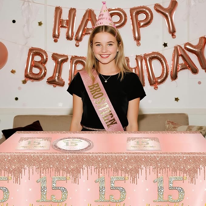 15th Birthday Decorations for Girls,Rose Gold 15 Year Old Birthday Party Supplies Include 15th Birthday Party Plates and Napkins,Tablecloth Kit,15 Birthday Tableware Set for Girls Teen Party Decor