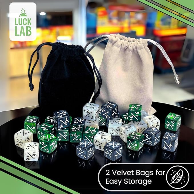 Luck Lab MTG Magic Life Counter Dice - 48 PCS Compatible w/Magic Card Game Accessories, CCG Creature Stats w/ 2 Dice Bags (Green Swirl, White Pearl, Black Pearl)