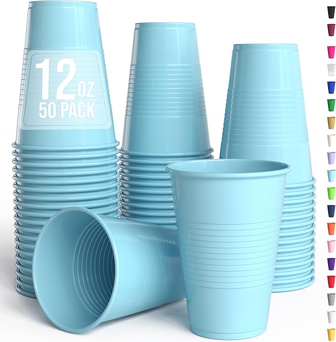 Party Solids 12 Oz Light Blue Plastic Cups For Party Supplies 50 Pack | Light Blue Disposable Cups Plastic | Disposable Drinkware For Parties, Events & Everyday