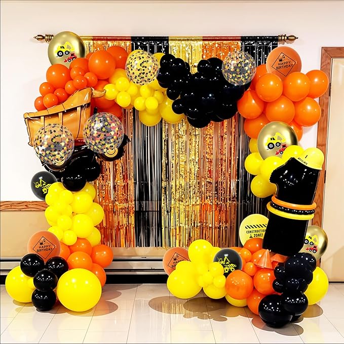 Construction Balloons, 12 Inch Gold Black Yellow Orange Confetti Balloons for Boy Baby Shower Construction Themed Birthday Truck Party Graduation Supplies