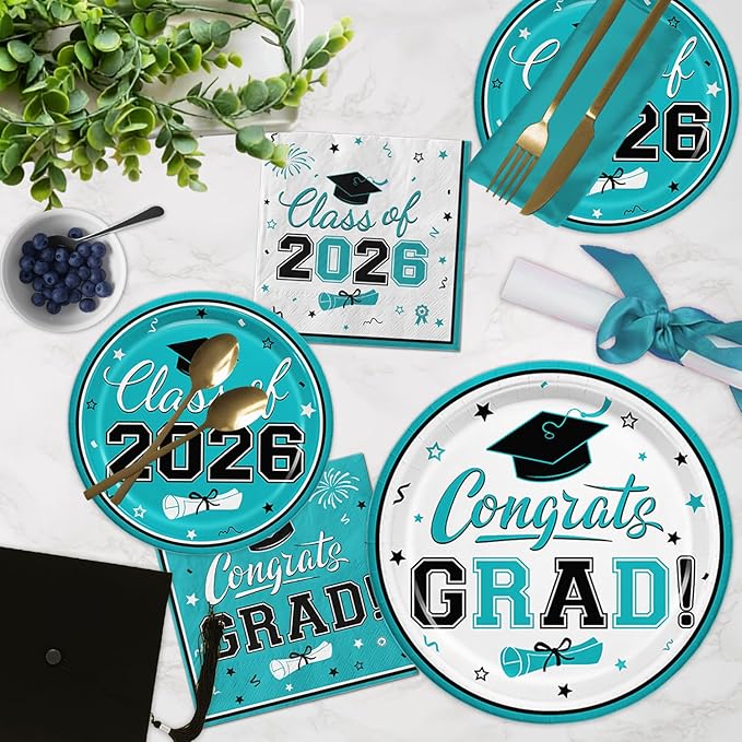 Graduation Teal Party Supplies Kit, Graduation Decorations 2026, Dinner Plates Dessert Plates and Napkins for Congrats Grad Party Decorations, Serves 50