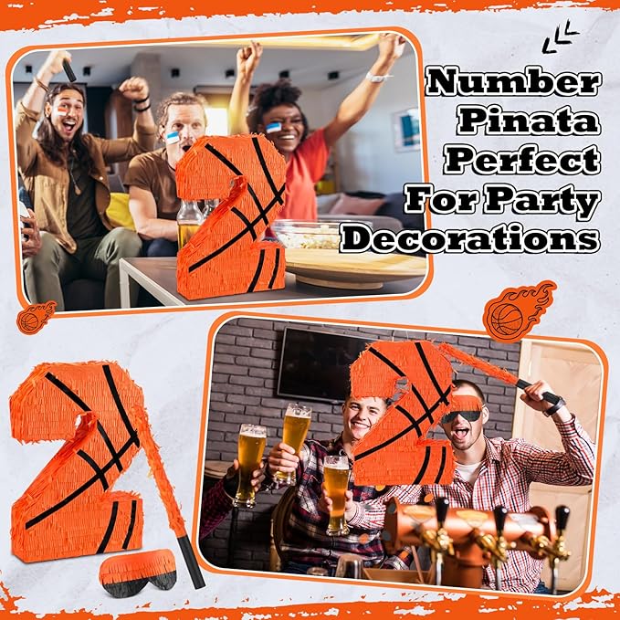 Soulchen Basketball Number 2 3 4 8 Pinata Basketball Party Decorations 16 Inch Piñata with Blindfold Stick and Confetti for Birthday Sports Theme Party Supplies Centerpiece (Number 2)