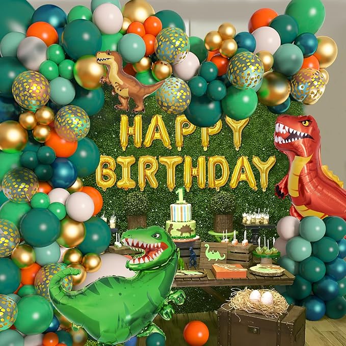 Amandir 165Pcs Dinosaur Balloons Arch Garland Kit, Sage Green Orange 6Pcs Dino Foil Balloons Happy Birthday Balloon for Jungle Safari Dinosaur Themed Party Decorations Supplies Boys