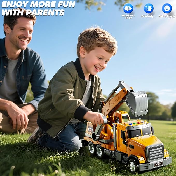 Excavator Toys for Boys Aged 3-5 4-6, Play Excavator with Light and Sound, Toy Truck Construction Vehicles Cars for Kids 2-4 4-7 Years Old, Birthday Gift for Girls Toddlers 1-3