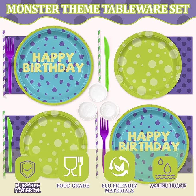 169PCS Monster Birthday Party Supplies for Boys Girl 1st 2nd Green and Purple Cartoon Themed Party Decorations with Paper Plates Cups Forks Knives and Straws Tableware Set for 24 Guests