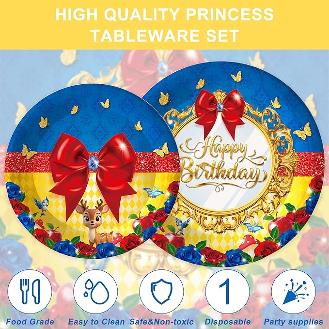 120PCS Princess Party Supplies for Girls Kids Cartoons Snow & White Themed Birthday Party Decorations Tableware Set Plates Napkins Cups Set for 20 Guests
