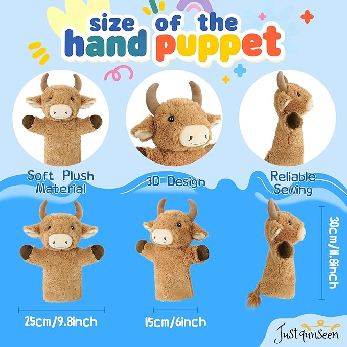 Plush Hand Puppet Barnyard Animal for Role Play Adult Size Fit Stuffed Toy Educational Learning Tool School Classroom Activity Bull