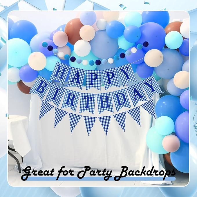 Set of 4 Blue Gingham Happy Birthday Banner Plaid Checkered Pennant Banner Decorations Felt Ball Happy 1st Birthday Garland for Gingham Party Supplies