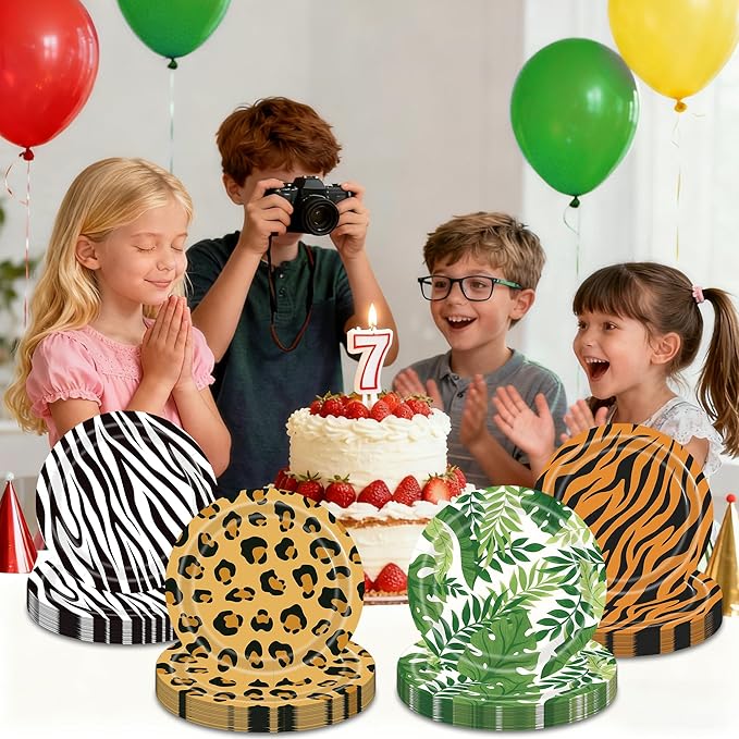 48PCS Jungle Safari Paper Plates, 7 Inch Zoo Animal Plates Wild Animal Party Decorations Disposable Tableware Set for Baby Shower Birthday Safari Themed Party Supplies
