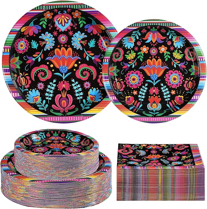 Grencian 200Pcs Mexican Party Decorations Colorful Mexico Floral Plates and Napkins Sets Mexicanos Birthday Decorations for Mayo Taco Holiday Wedding Ponchos Party Supplies Serves 50