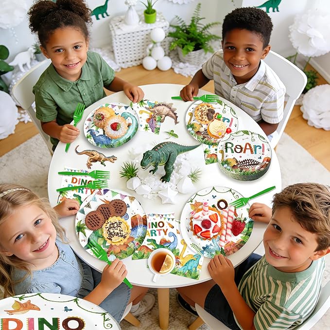 96 Pcs Dinosaur Plates and Napkins Tableware Set (Serves 24), Dinosaur Birthday Party Supplies Include Plates Napkins Plastic Forks for Kids Party Decorations