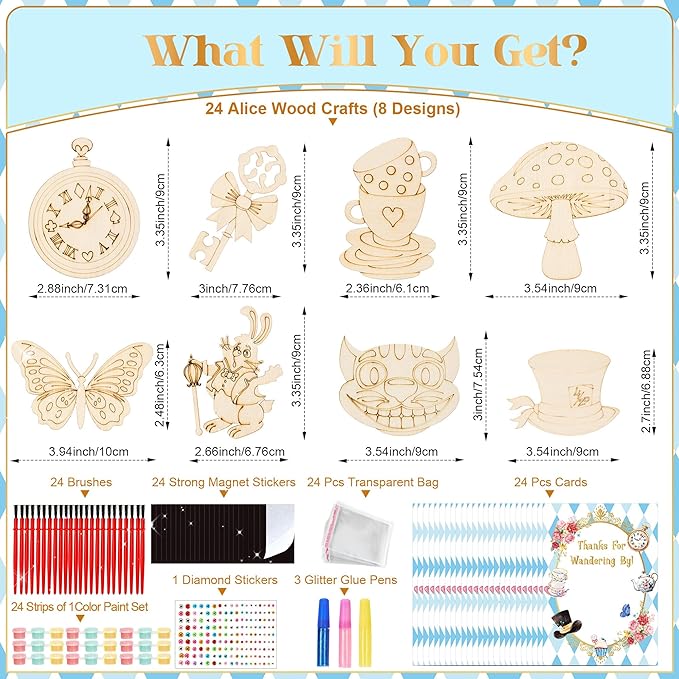 Bafeil 24 Sets Alice Party Favors, DIY Wooden Painting Crafts Kit with Magnets, Wonderland Birthday Decorations, Tea Party Supplies Goodie Bags Gifts Stuffers Prizes Classroom Rewards