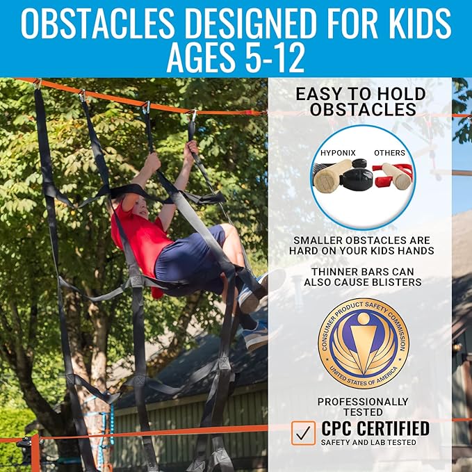 Hyponix Ninja Warrior Obstacle Course for Kids – 2 x 50 ft Slackline with 10 Outdoor Ninja Obstacles, Supports 880lbs – Monkey Net, Ratchet-Tight Tech, Climbing, Swinging & Balance Training, Ages 3+