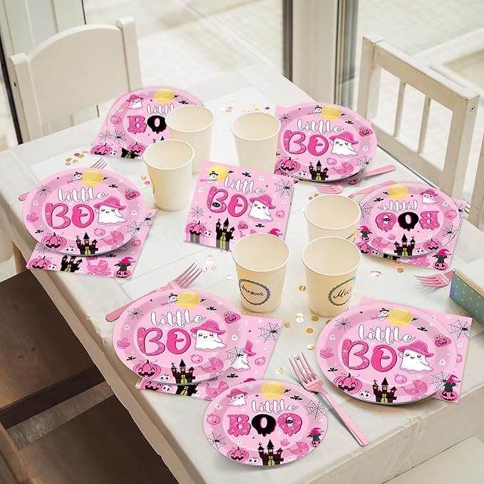 ZOIIWA 96PCS Halloween Little Boo Baby Shower Party Tableware Set for Girls Ghost Party Supplies for 24 Guests Disposable Pink and Black Boo Dinnerware Plates Napkins Forks for Halloween Party Favors