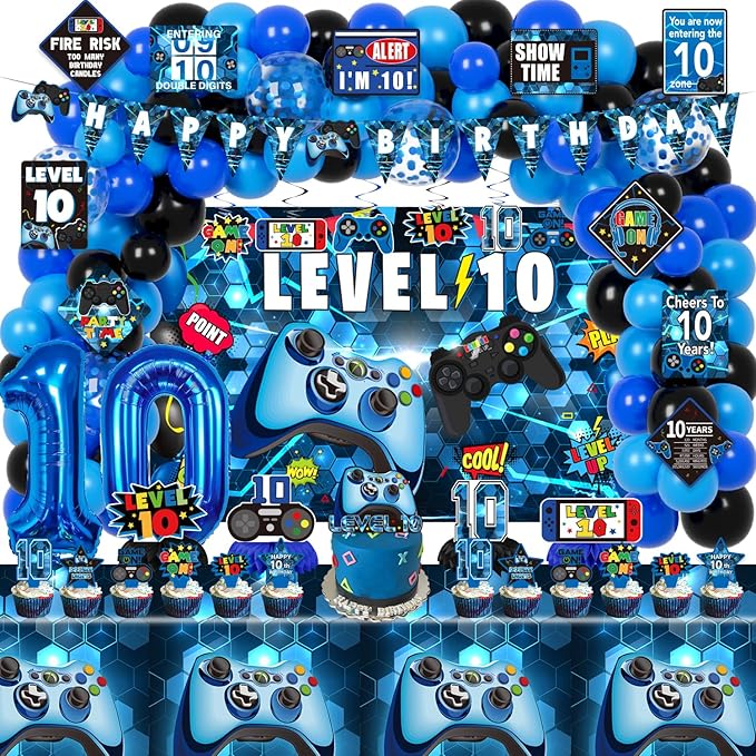 10th Birthday Decorations for Boys, 149Pcs Blue Video Game level 10 Party Supplies for Boy 10th Birthday - Backdrop, Banner, Balloons, Tablecloth, Centerpieces, Hanging Swirls, Wall Signs