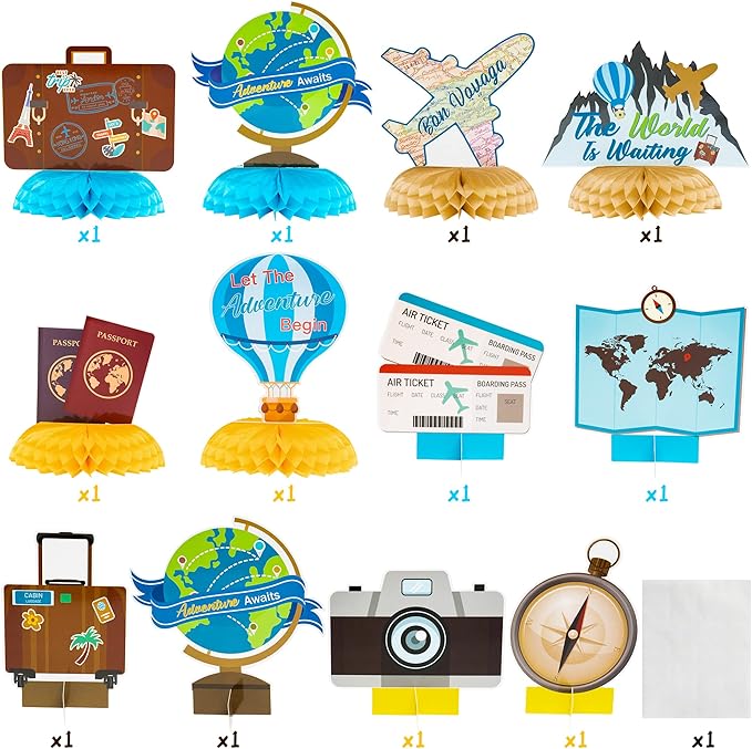 OSNIE 12Pcs Travel Themed Honeycomb Centerpieces Table Toppers Adventure Awaits Party Decor Travel Around The World Bon Voyage Table Decor Photo Props for Let The Adventure Begin Going Away Party