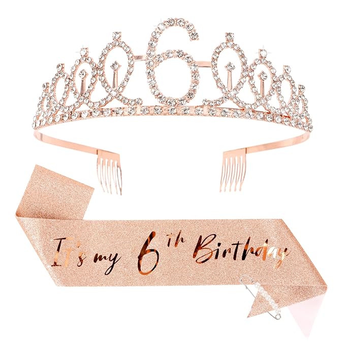 CIEHER 6th Birthday Set: Crown, Sash & Pearl Pin - It's My 6th Birthday Decorations & Gifts